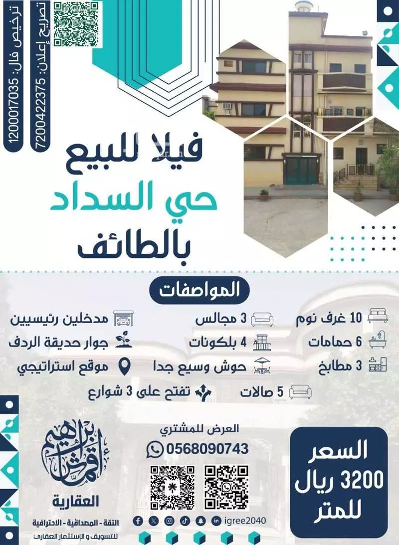فيلا للبيع في شارع أبي القاسم المكناسي, حي السداد, مدينة امارة منطقة مكة المكرمة - الطائف, منطقة مكة المكرمة 1 صورة