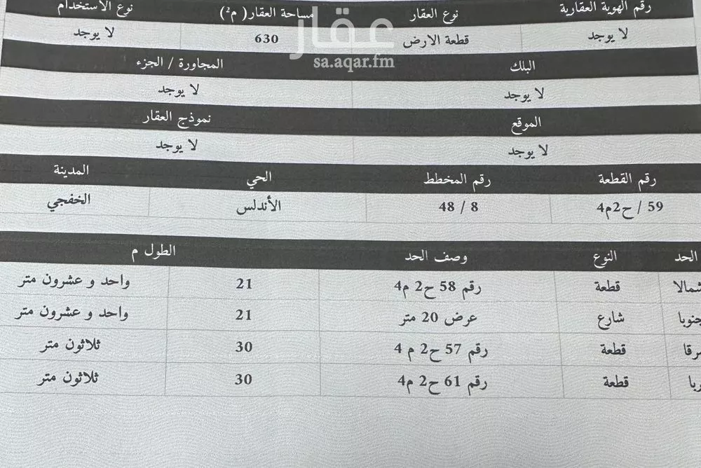 أرض للبيع في حي حي الأندلس, مدينة الخفجى, المنطقة الشرقية 1 صورة