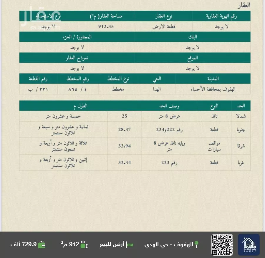 أرض للبيع في شارع ابو المغيره بن حزم, حي الهدا, مدينة الاحساء, المنطقة الشرقية 1 صورة
