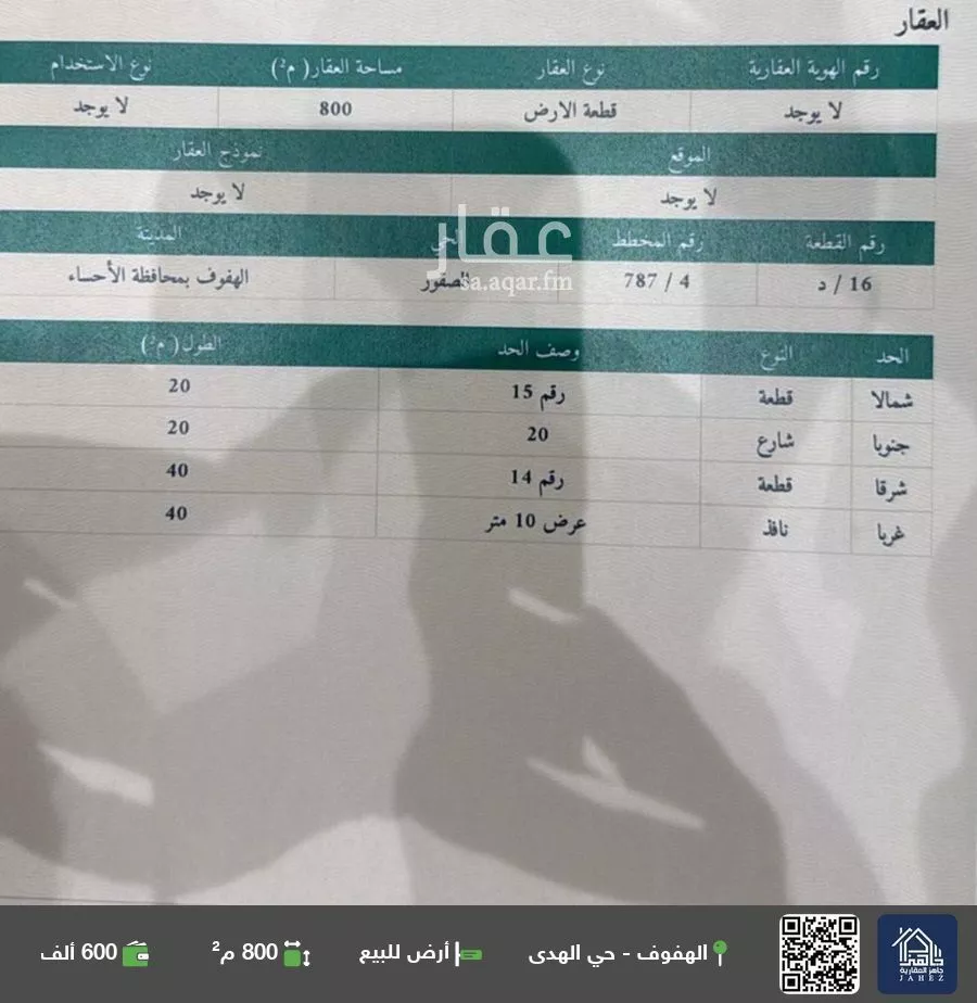 أرض للبيع في شارع العشرون, حي الصقور, مدينة الاحساء, المنطقة الشرقية 1 صورة