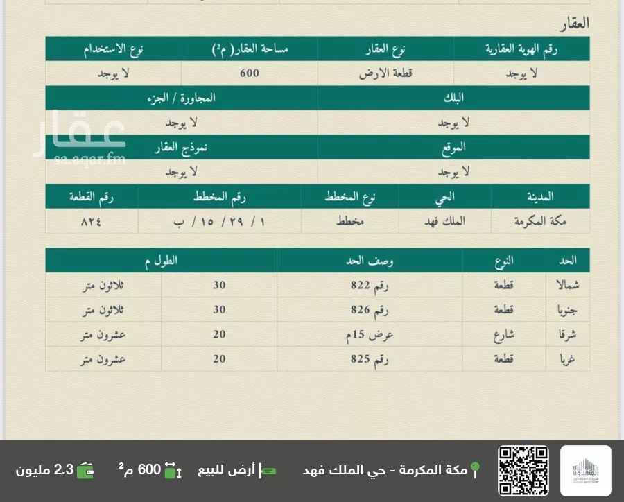 أرض للبيع في شارع عمير بن عوف رضي الله عنه, حي الملك فهد, مدينة مكة المكرمة, منطقة مكة المكرمة 1 صورة