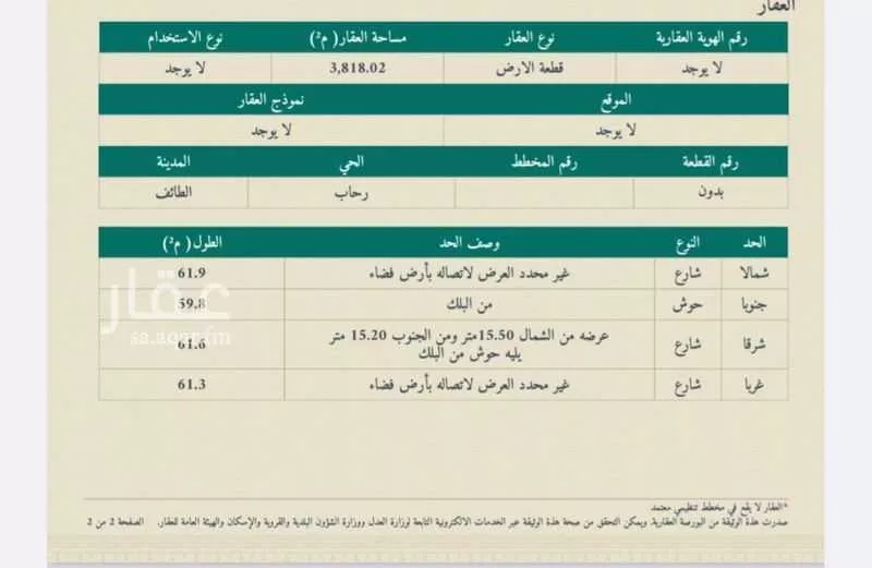 أرض للبيع في حي الرحاب, مدينة امارة منطقة مكة المكرمة - الطائف, منطقة مكة المكرمة 1 صورة