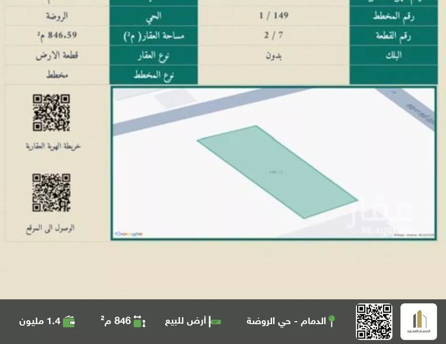أرض للبيع في شارع ابن سرين, حي الروضة, مدينة الدمام, المنطقة الشرقية 1 صورة