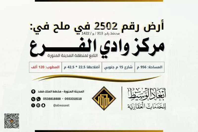 أرض للبيع في حي مخطط وادي  الفرع, مدينة وادي  الفرع, منطقة المدينة المنورة 1 صورة