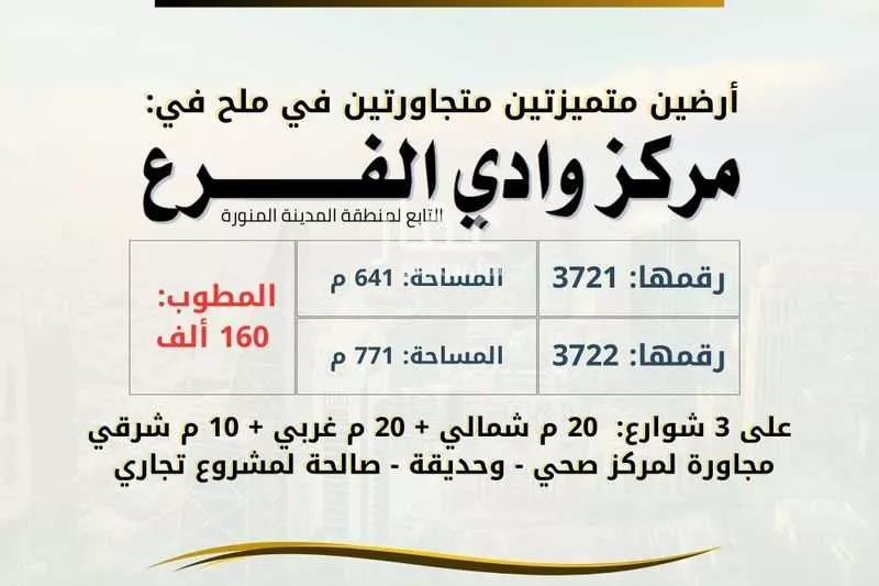 أرض للبيع في حي مخطط وادي  الفرع, مدينة وادي  الفرع, منطقة المدينة المنورة 1 صورة