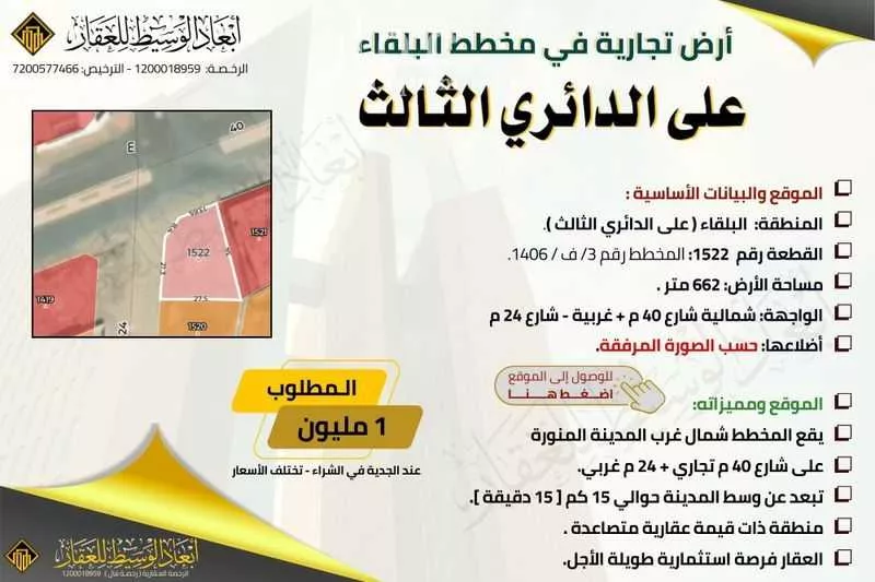 أرض للبيع في شارع عبد الله بن ساعدة بن عائش, حي البلقاء, مدينة المدينه المنوره, منطقة المدينة المنورة 1 صورة