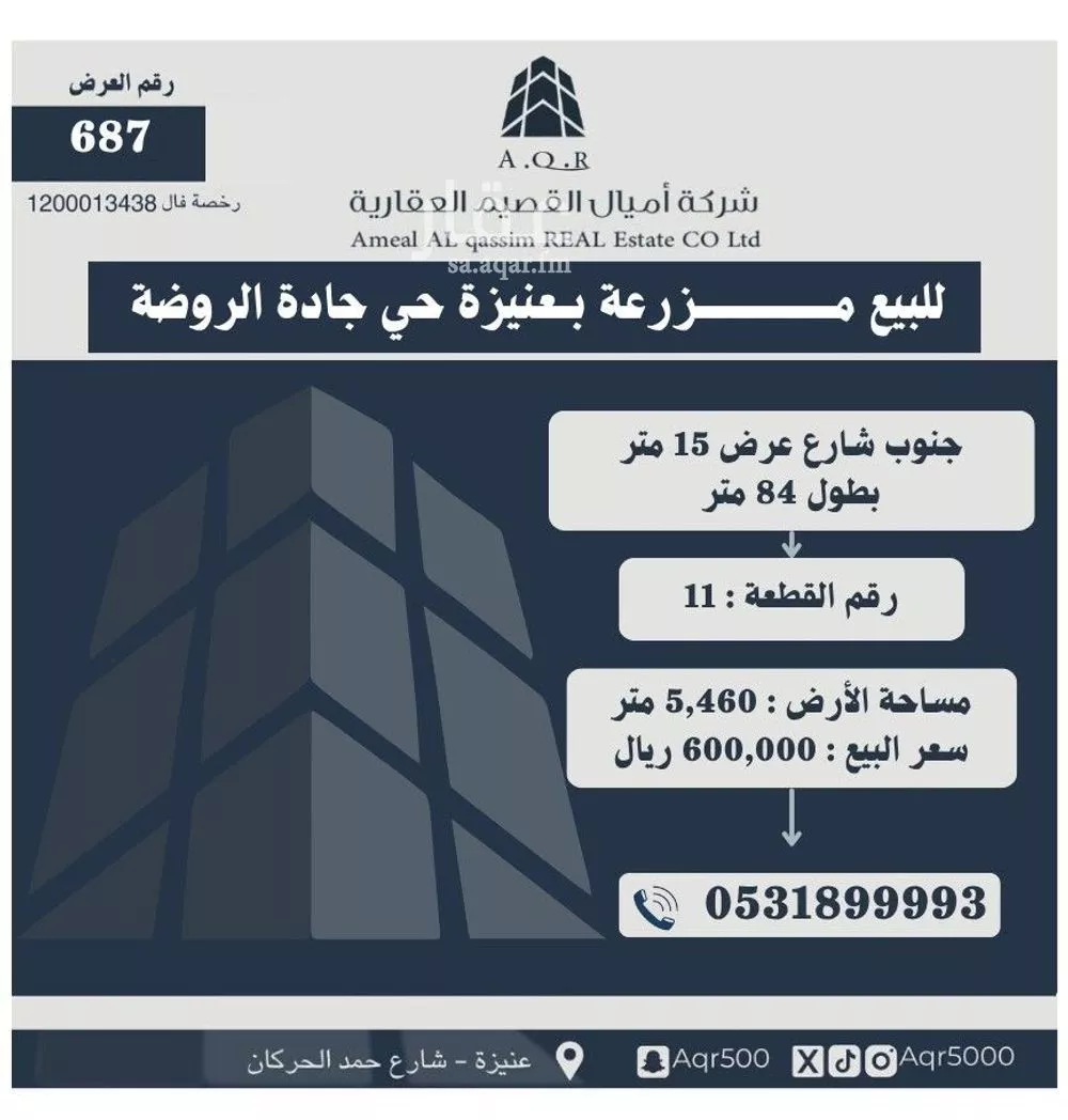 أرض للبيع في شارع أبي يعلى الثقفي, مدينة عنيزة, منطقة القصيم 1 صورة