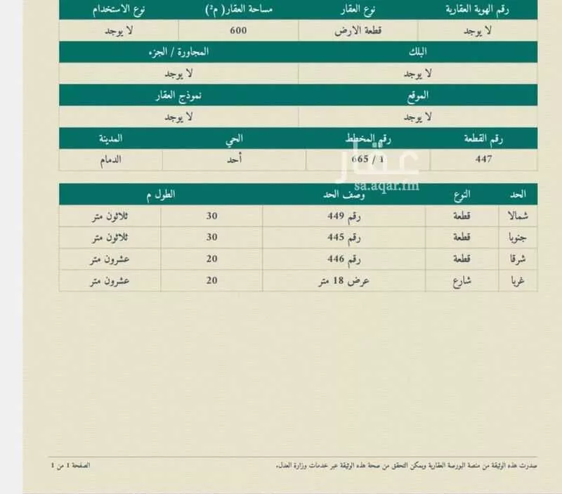 أرض للبيع في شارع سهل بن مضر, حي أحد, مدينة الدمام, المنطقة الشرقية 1 صورة