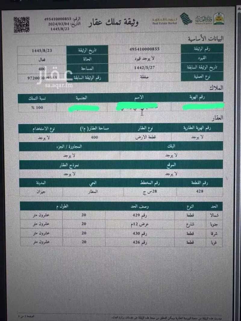 أرض للبيع في شارع شارع 21 ج, حي المطار, مدينة جازان, منطقة جازان 1 صورة