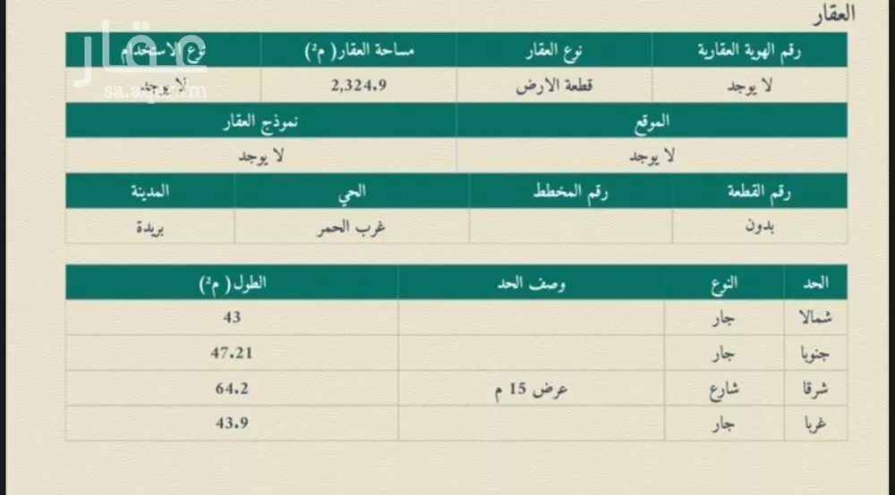 أرض للبيع في شارع معقل بن سنان, حي الشفق, مدينة بريده, منطقة القصيم 1 صورة