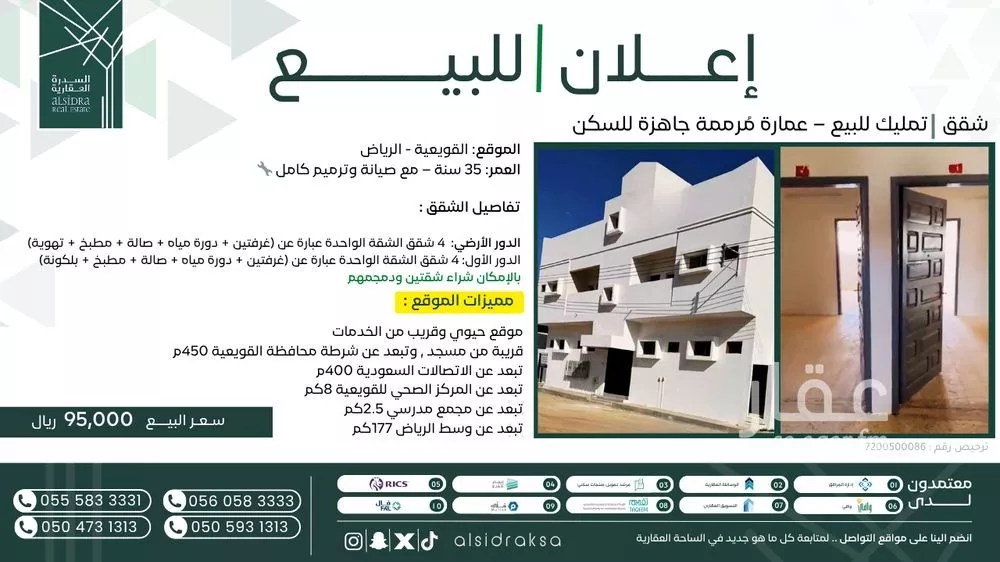 شقة للبيع في شارع الغسق, حي أم سريحة, مدينة القويعيه, منطقة الرياض 1 صورة
