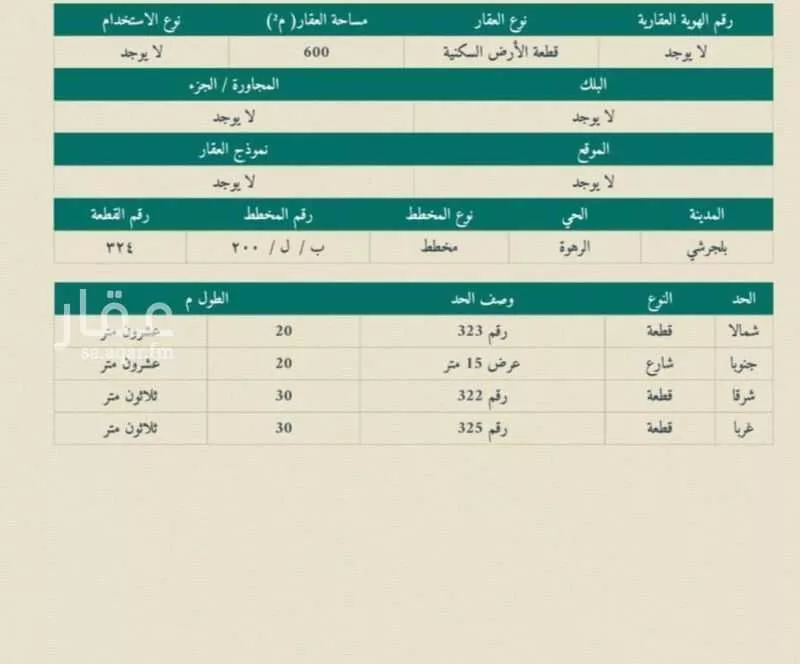 أرض للبيع في شارع حي ج8 37, حي الرهوة, مدينة بلجرشي, منطقة الباحة 1 صورة