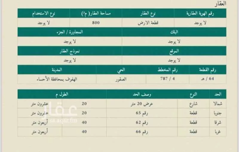 أرض للبيع في شارع الشعبة, حي الصقور, مدينة الاحساء, المنطقة الشرقية 1 صورة