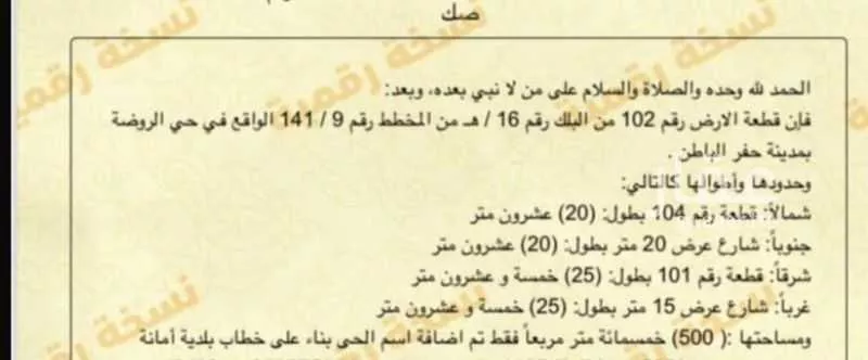 أرض للبيع في حي الروضة, مدينة حفر الباطن, المنطقة الشرقية 1 صورة