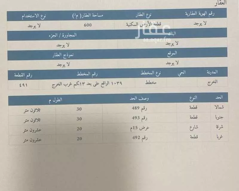 أرض للبيع في شارع الحارث بن الازمع الهمداني, حي العدامة, مدينة الخرج, منطقة الرياض 1 صورة