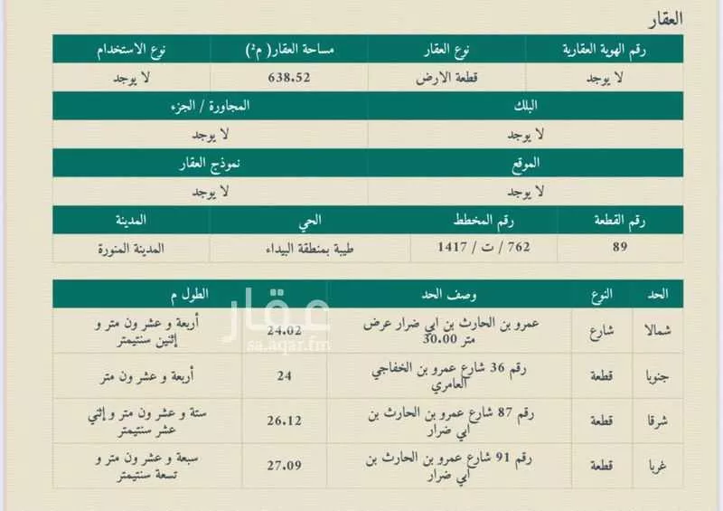 أرض للبيع في شارع عمرو بن الحارث بن ابي ضرار, حي طيبة, مدينة المدينة المنورة, منطقة المدينة المنورة 1 صورة