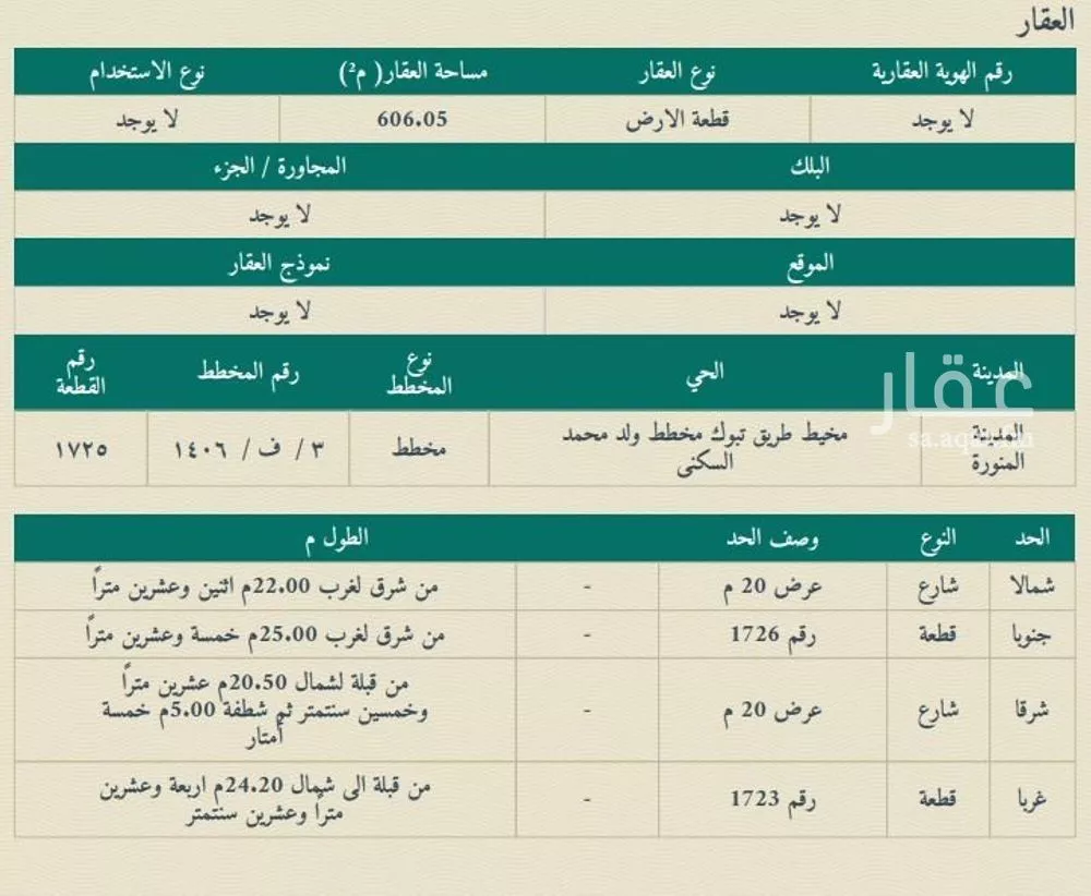 أرض للبيع في شارع خالدة بنت عبدالله ابن انيس, حي البلقاء, مدينة المدينه المنوره, منطقة المدينة المنورة 1 صورة