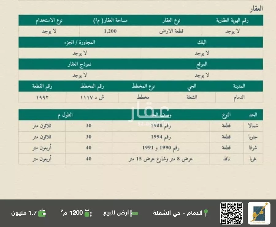 أرض للبيع في شارع الابحار, حي الشعلة, مدينة الدمام, المنطقة الشرقية 1 صورة