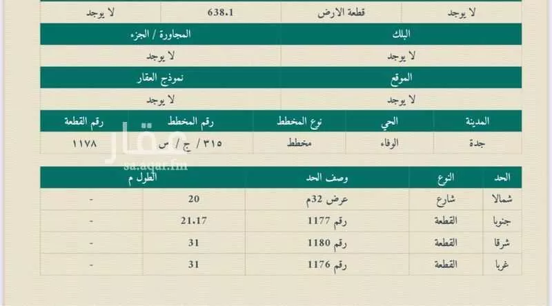 أرض للبيع في شارع الاوزعي ، حي الوفاء ، جدة ، جدة 1 صورة