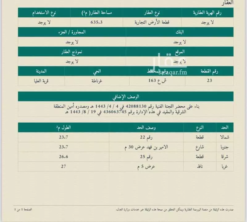 أرض للبيع في شارع الامير فهد بن محمدبن عبدالعزيز, حي غرناطة, مدينة قريه العليا, المنطقة الشرقية 1 صورة
