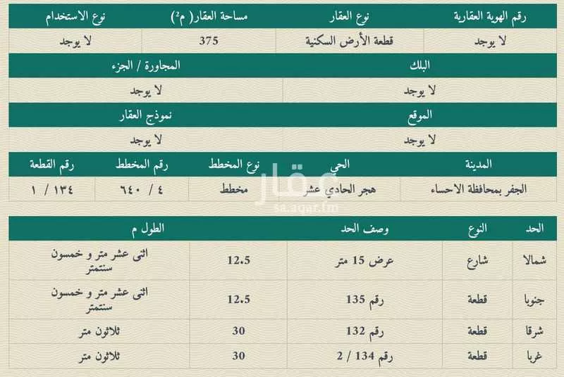 أرض للبيع في شارع احمد بن الصيرفي, حي هجر الحادي عشر, مدينة الاحساء, المنطقة الشرقية 1 صورة