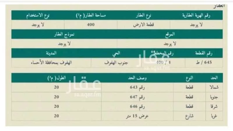 أرض للبيع في شارع جرير بن اوس الطائي, حي النايفية, مدينة الاحساء, المنطقة الشرقية 1 صورة