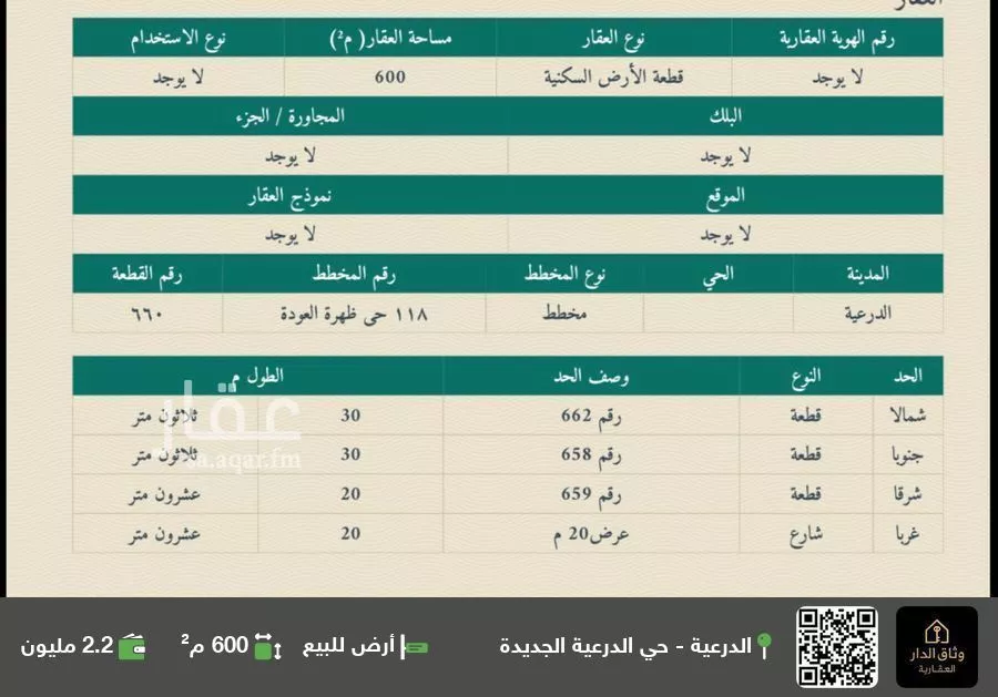 أرض للبيع في شارع ظهره العودة غرب 31, حي ظهره العودة غرب, مدينة الدرعية, منطقة الرياض 1 صورة