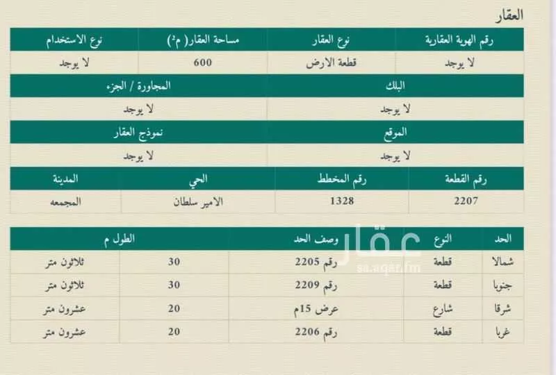 أرض للبيع في شارع سيف بن قيس, حي الأمير سلطان بن عبدالعزيز, مدينة المجمعة, منطقة الرياض 1 صورة