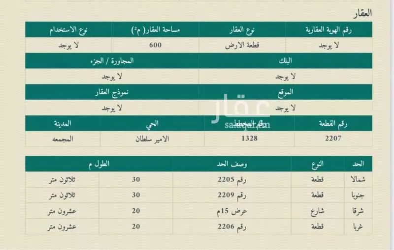 أرض للبيع في شارع سيف بن قيس, حي الأمير سلطان بن عبدالعزيز, مدينة المجمعه, منطقة الرياض 1 صورة