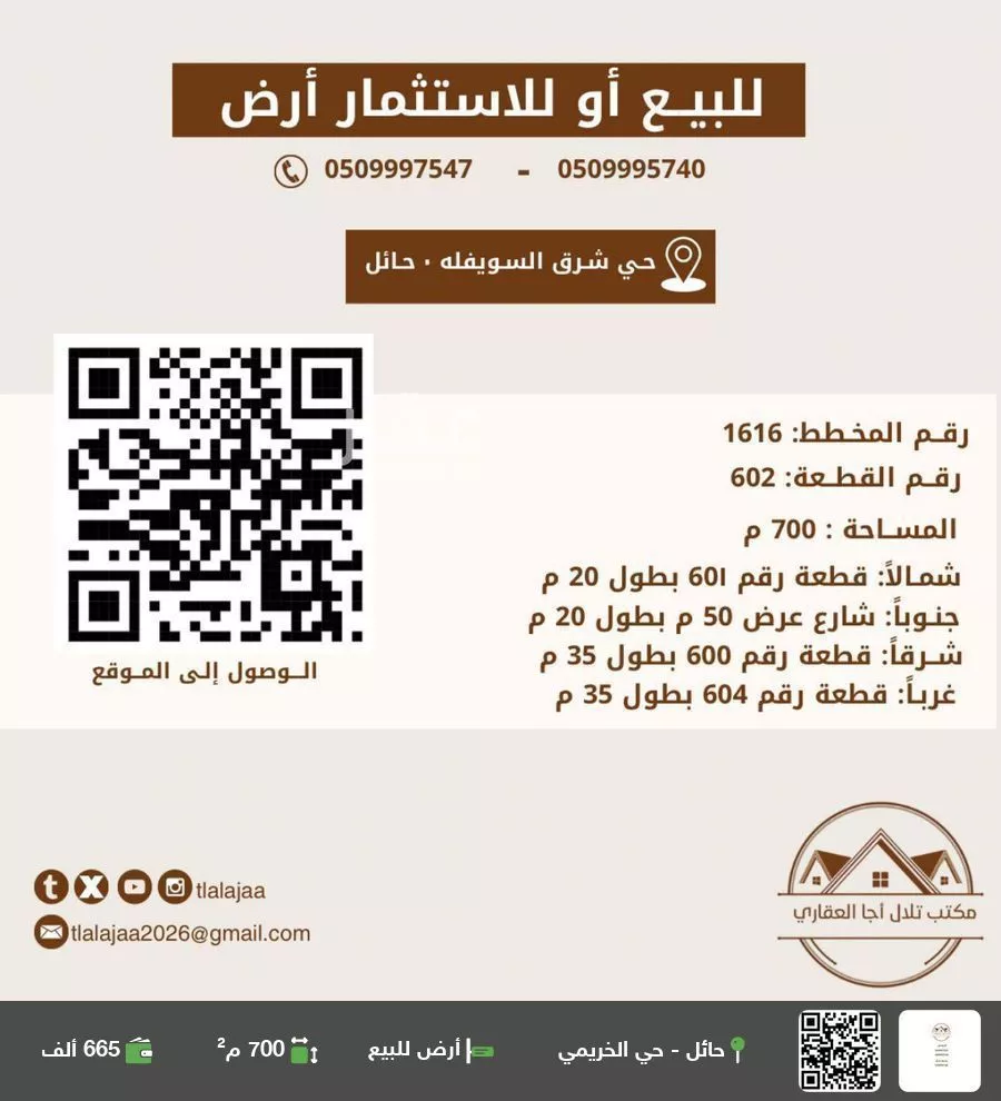 أرض للبيع في شارع بيت المقدس, حي شرق السويفلة, مدينة حائل, منطقة حائل 1 صورة