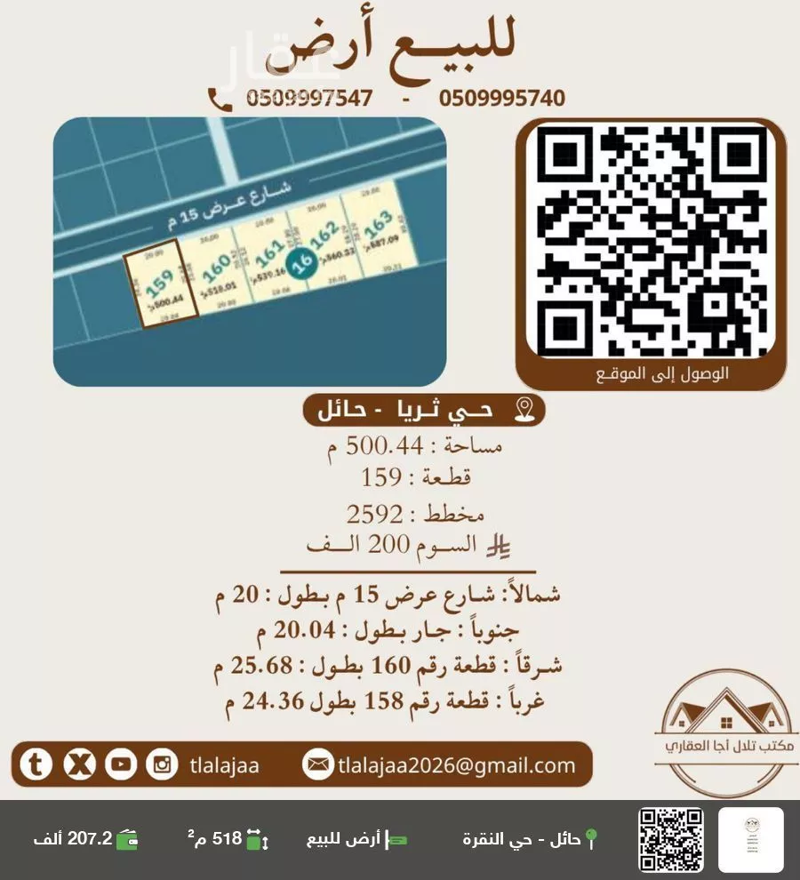 أرض للبيع في شارع اجا, حي قفار, مدينة حائل, منطقة حائل 1 صورة