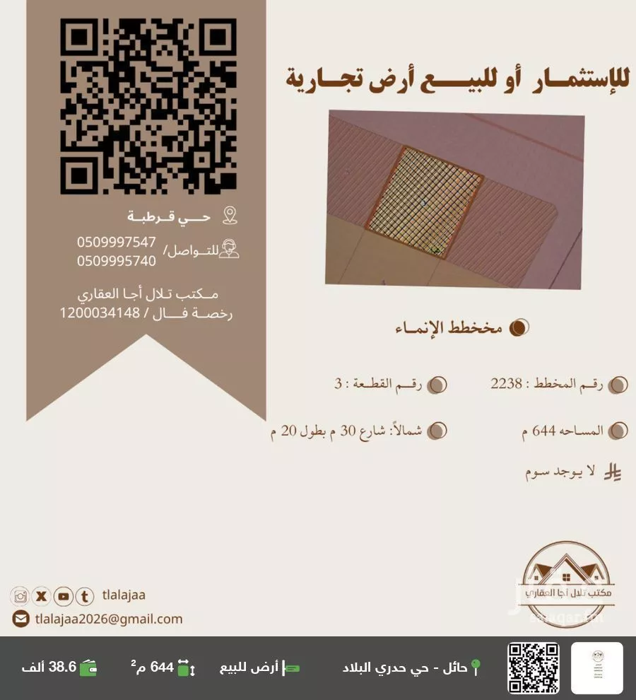 أرض للبيع في شارع القرطبي, حي حدري البلاد, مدينة حائل, منطقة حائل 1 صورة