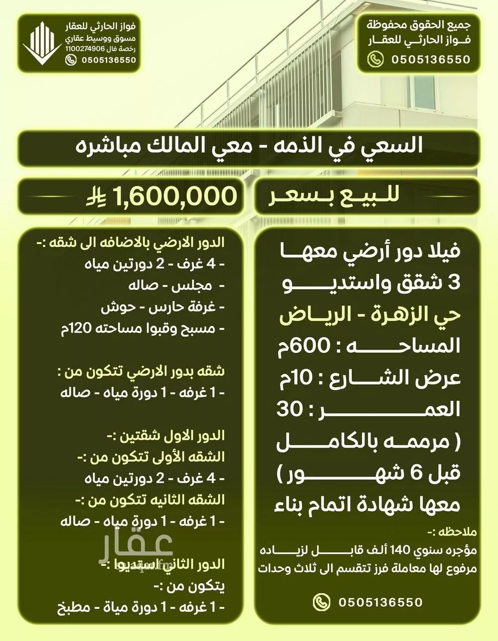 فيلا للبيع في شارع سلم بن زياد, حي الزهرة, مدينة الرياض, منطقة الرياض 1 صورة
