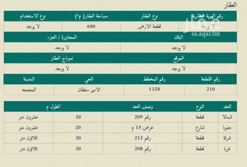 أرض للبيع في شارع شجاع بن وهب, حي الأمير سلطان بن عبدالعزيز, مدينة المجمعه, منطقة الرياض 1 صورة