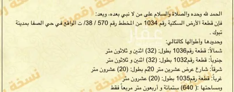 أرض للبيع في شارع أبو بكر بن قاضي شهبه ، حي الصفا ، تبوك ، منطقة تبوك 1 صورة
