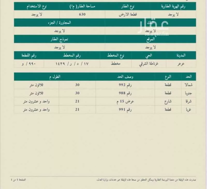 أرض للبيع في شارع العذار, حي غرناطة الغربي, مدينة عرعر, منطقة الحدود الشماليه 1 صورة