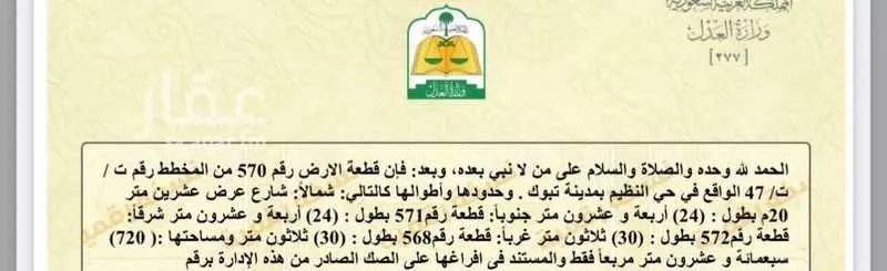 أرض للبيع في شارع أحمد بن محمد القطيعي, حي النظيم, مدينة تبوك, منطقة تبوك 1 صورة
