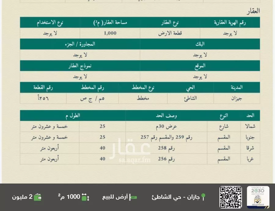 أرض للبيع في شارع الامير متعب بن عبدالعزيز, حي الشاطئ, مدينة جازان, منطقة جازان 1 صورة
