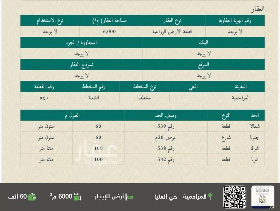 أرض للإيجار في شارع هجرة الاوسط 840, حي تجمع سكاني الحنية, مدينة تجمع سكاني الحنية, منطقة الرياض 1 صورة