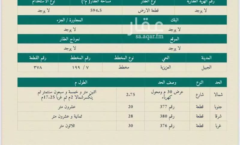 أرض للبيع في شارع الاول, حي العزيزية, مدينة الجبيل, المنطقة الشرقية 1 صورة