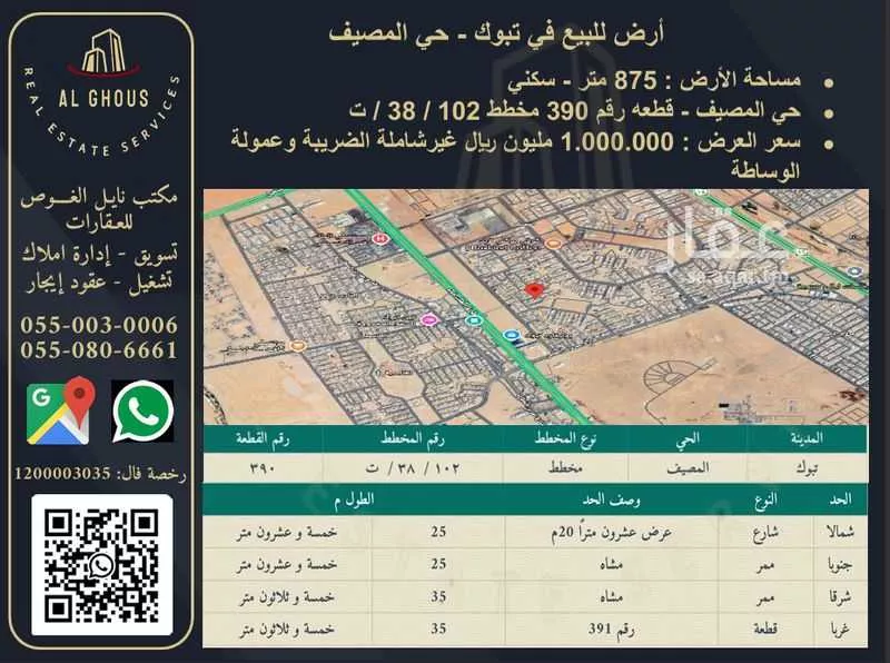 أرض للبيع في شارع شارع ابن التبان, حي المصيف, مدينة تبوك, منطقة تبوك 1 صورة