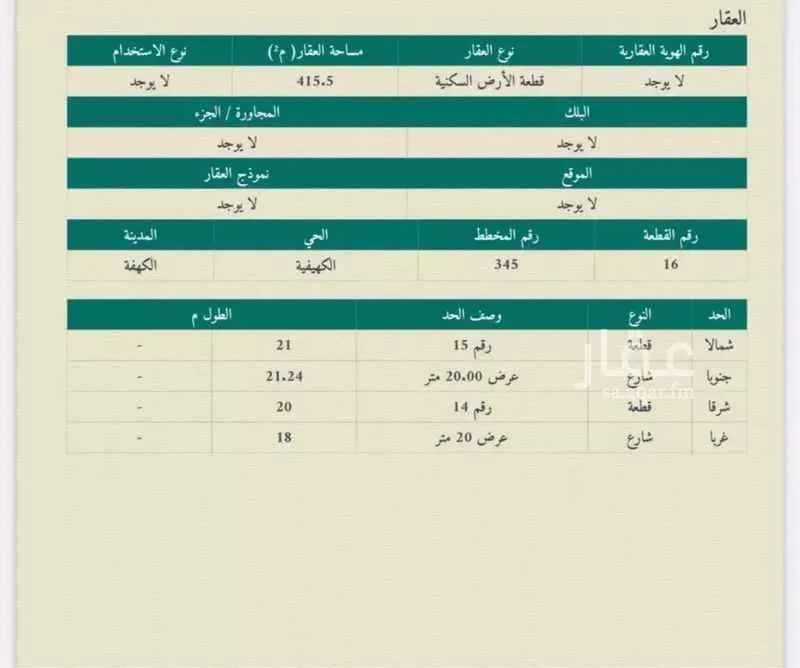 أرض للبيع في حي الكهيفية, مدينة الكهيفيه, منطقة حائل 1 صورة
