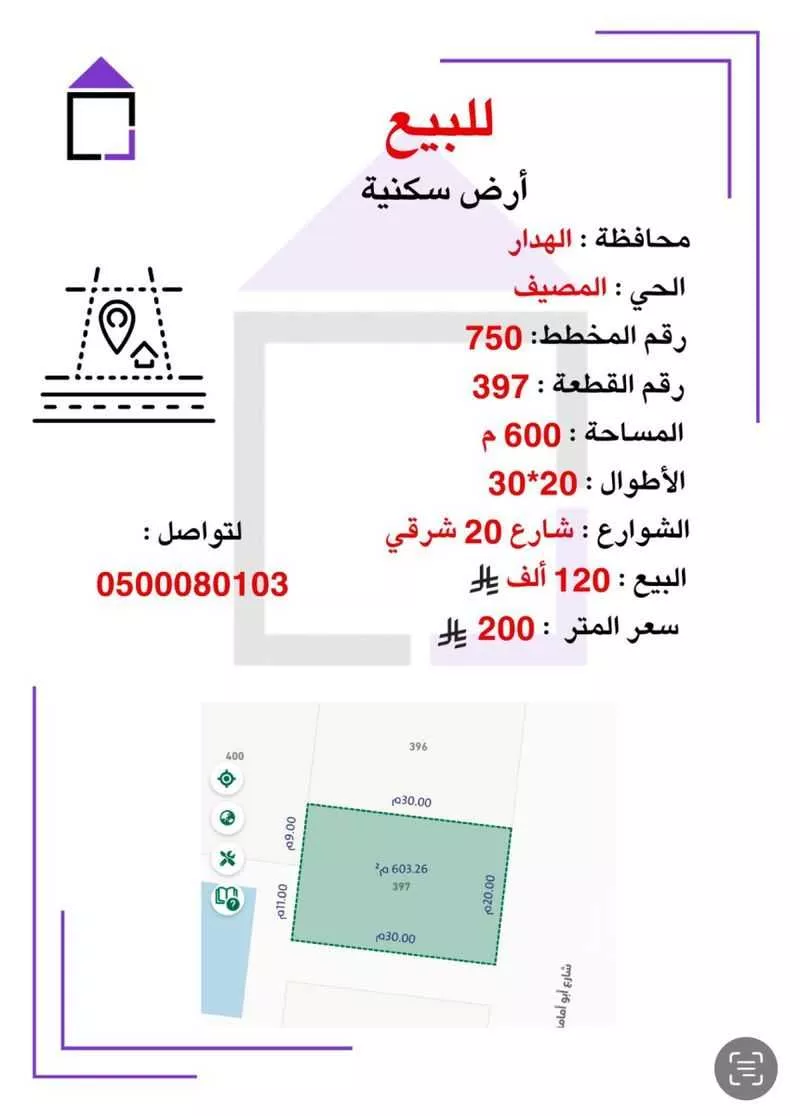 أرض للبيع في شارع ابو امامة الليثي, حي الصناعية, مدينة الهدار, منطقة الرياض 1 صورة
