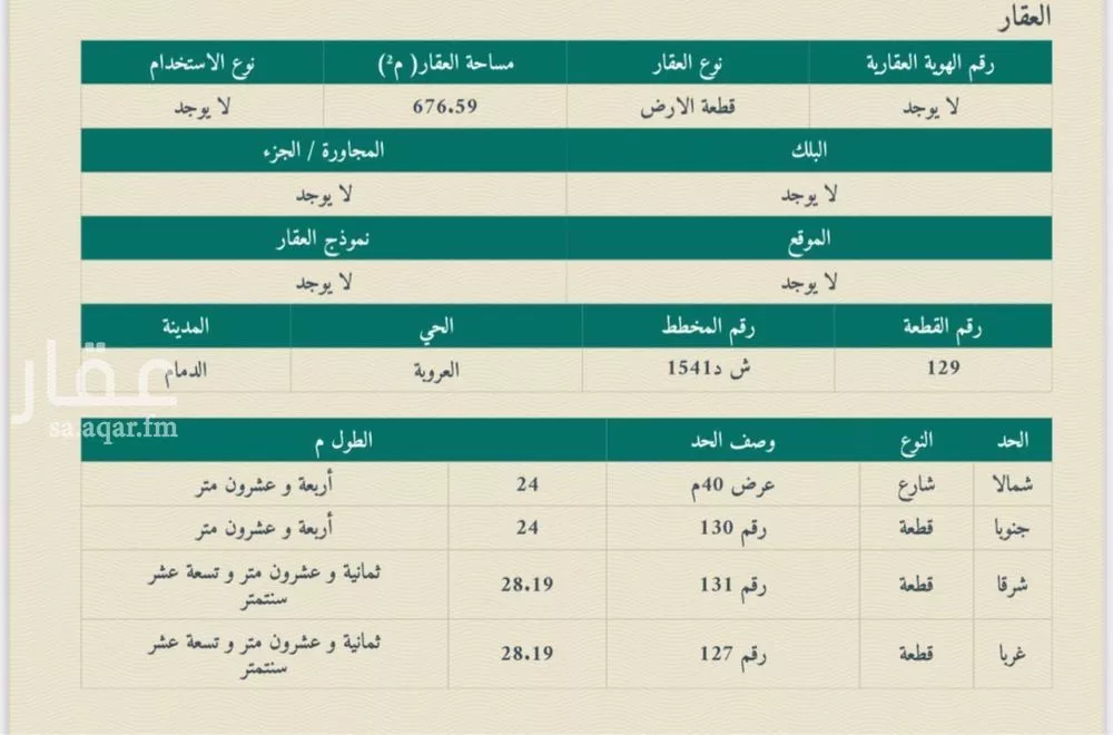 أرض للبيع في شارع المغيره ابن نوفل, حي العروبة, مدينة الدمام, المنطقة الشرقية 1 صورة