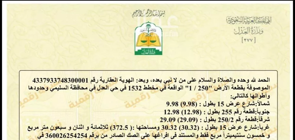 أرض للبيع في حي العدل, مدينة السليمي, منطقة حائل 1 صورة