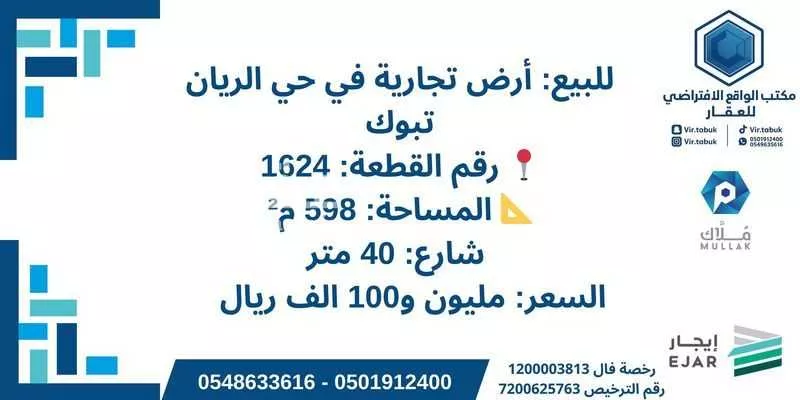 أرض للبيع في شارع الدافاع المدني, حي الريان, مدينة تبوك, منطقة تبوك 1 صورة