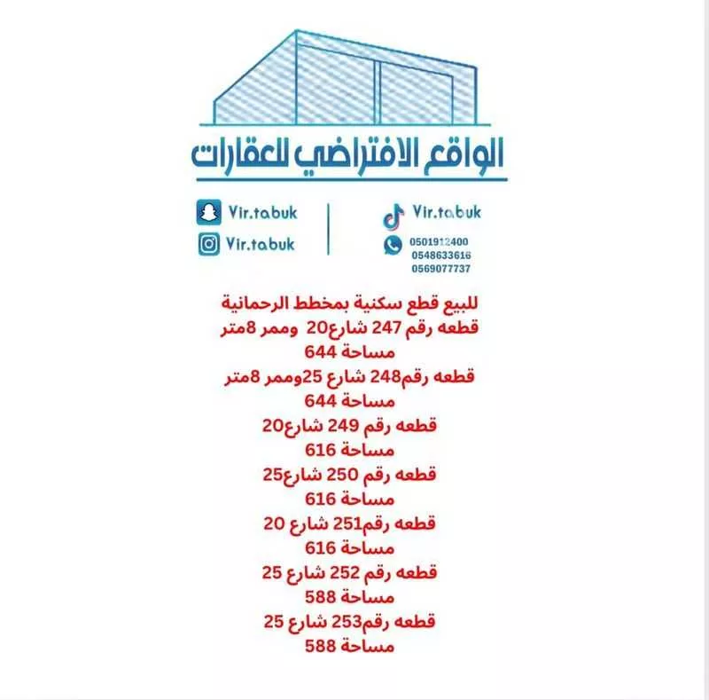 أرض للبيع في شارع محمد بن سليم , حي الريان, مدينة تبوك, منطقة تبوك 1 صورة