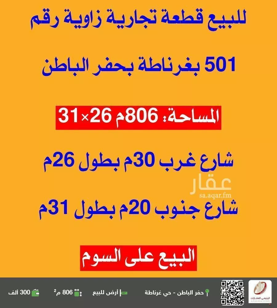 أرض للبيع في شارع الامام احمد بن حنبل, حي غرناطة, مدينة حفر الباطن, المنطقة الشرقية 1 صورة