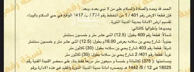 أرض للبيع في شارع يحيى بن سلامه, حي السلام, مدينة المدينه المنوره, منطقة المدينة المنورة 1 صورة