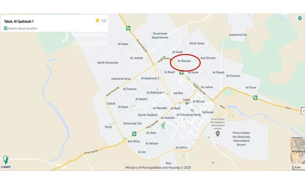 أرض للبيع في شارع محمد بن عيسي الدوسي, حي الريان, مدينة تبوك, منطقة تبوك 1 صورة